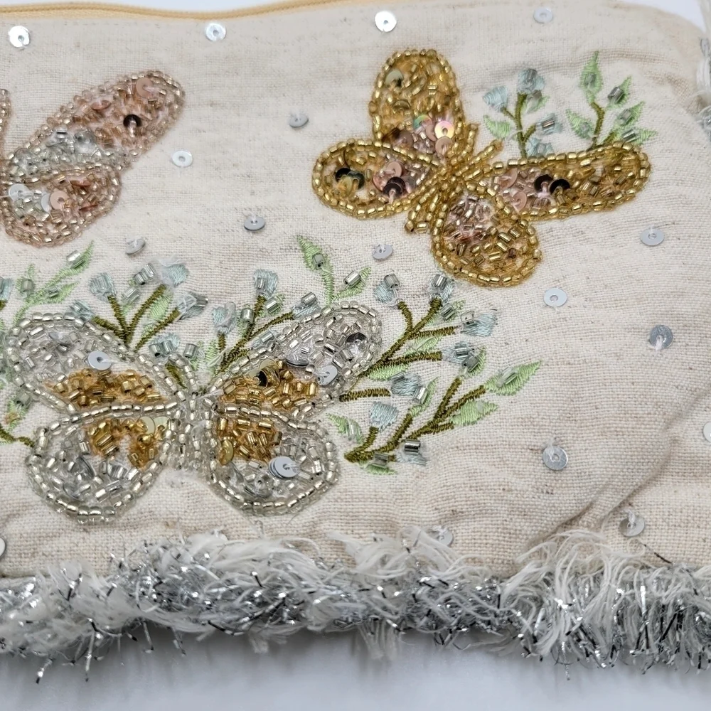 Fringe Beaded Sequins Tassle Cream Makeup Bag or Clutch Metallic Cotton Linen